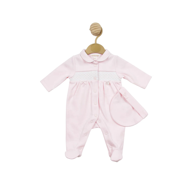 Mintini Pink All In One Smocked Babygrow & Hat - MB5140