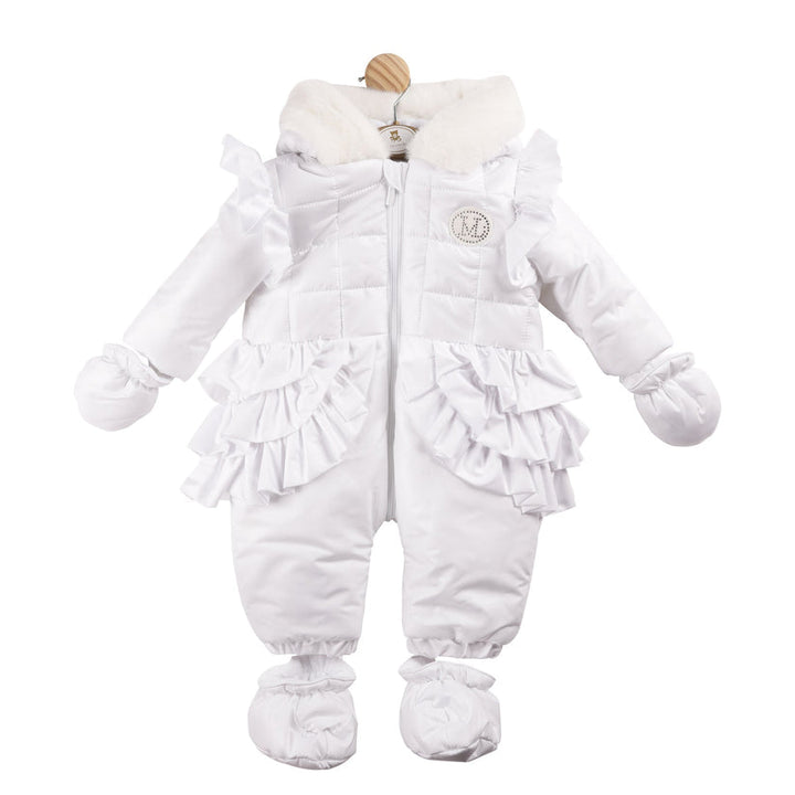Mintini Girls White Ruffle Snowsuit With Diamante Detail & Bow Back - MB5945