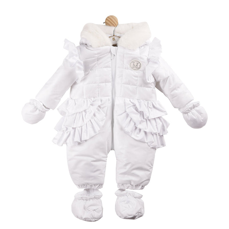 Mintini Girls White Ruffle Snowsuit With Diamante Detail & Bow Back - MB5945