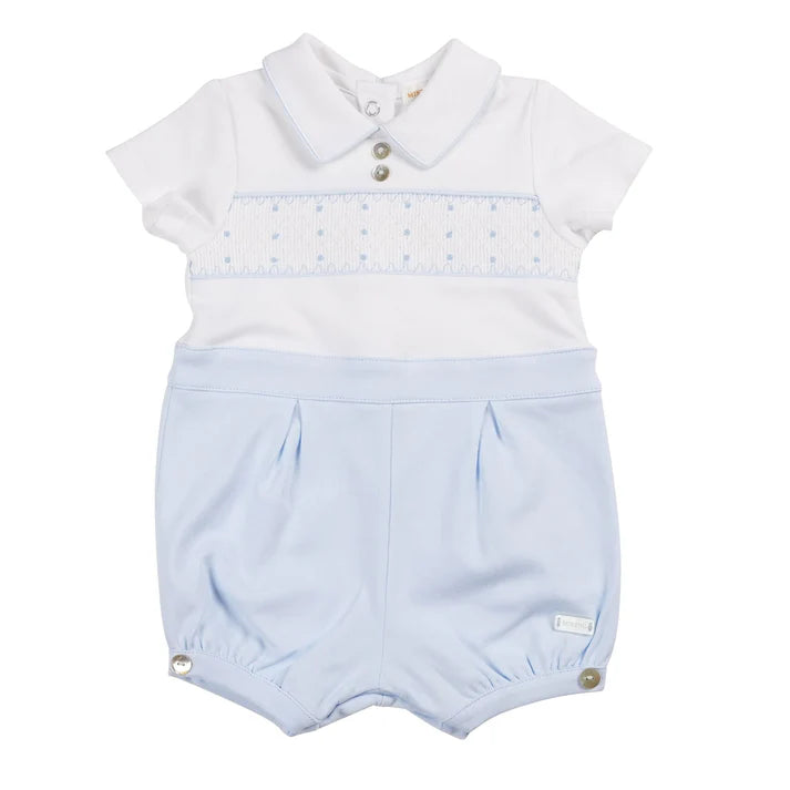 Mintini Boys Blue & White Smocked Detail Romper - MB6241
