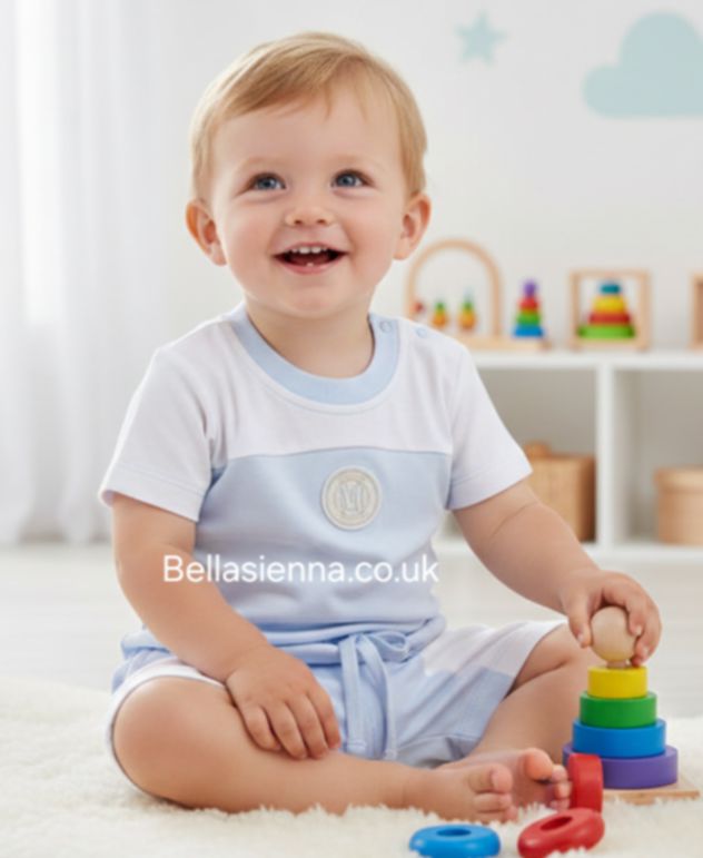 Mintini Baby Boys Blue & White Logo Shorts Set - MB7007