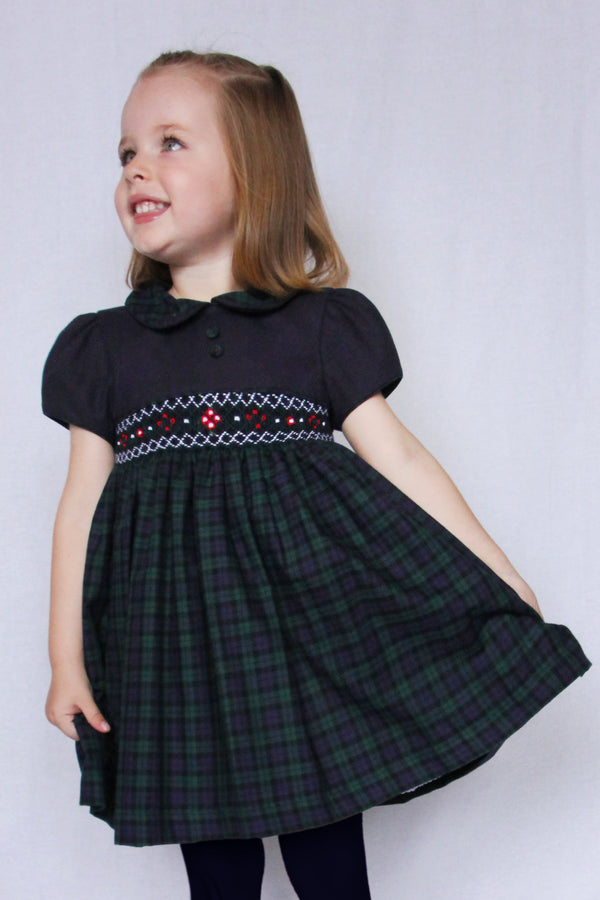 Pretty Originals Navy & Green Check Hand Smocked Dress & Headband - MC01371