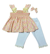 Pretty Originals Hand Smocked Multicoloured Check Leggings,Top & Hair Clip Set - MC01401