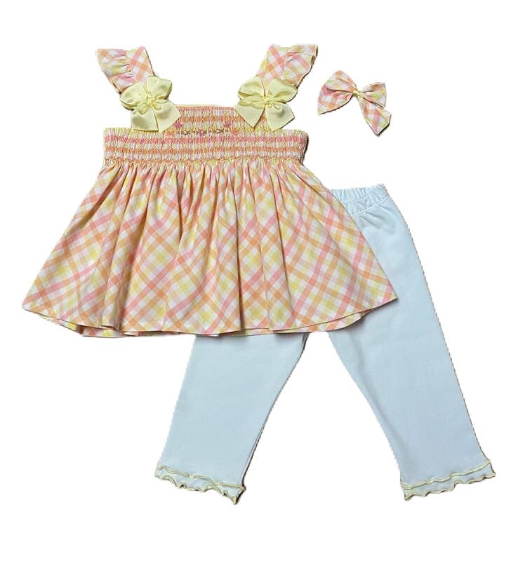 Pretty Originals Hand Smocked Multicoloured Check Leggings,Top & Hair Clip Set - MC01401