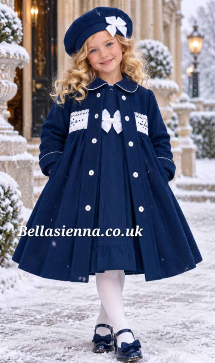 Pretty Originals Hand Smocked Navy & Cream Traditional Style Coat & Matching Hat - MC01409