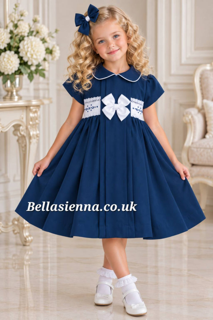 Pretty Originals Navy & Cream Hand Smocked Dress With Hair Bow - MC01408