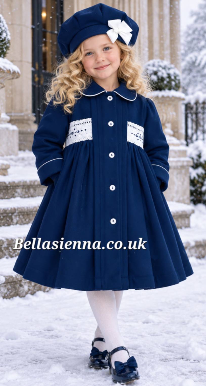 Pretty Originals Hand Smocked Navy & Cream Traditional Style Coat & Matching Hat - MC01409