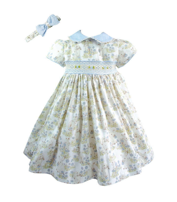 Pretty Originals Pale Blue Bunny Print Hand Smocked Dress & Matching Headband - MC01422