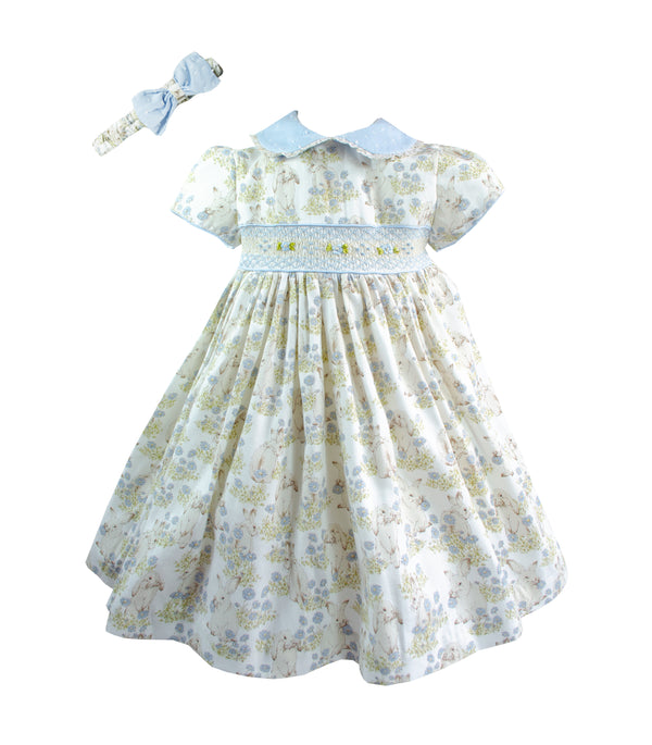 Pretty Originals Pale Blue Bunny Print Hand Smocked Dress & Matching Headband - MC01422