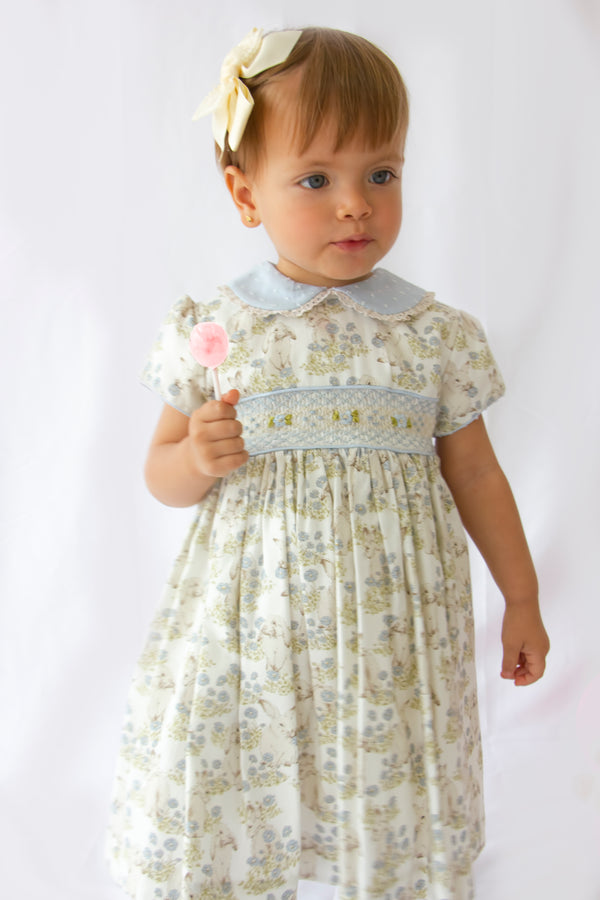 Pretty Originals Pale Blue Bunny Print Hand Smocked Dress & Matching Headband - MC01422