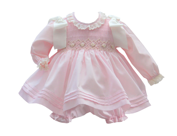 Pretty Originals Pink & Ivory Hand Smocked Dress, Bloomers & Headband - MT00992