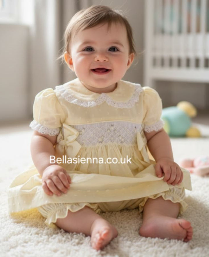 Pretty Originals Lemon & White Smocked Dress & Headband - MT02184