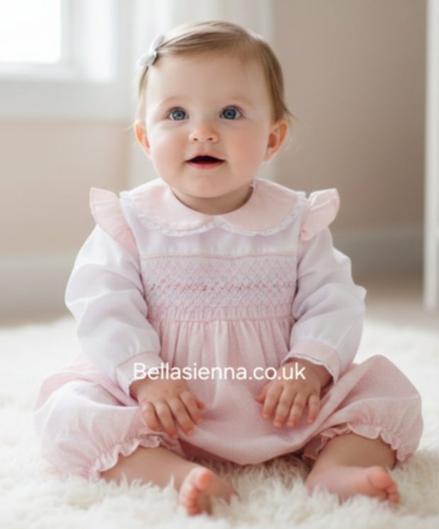 Pretty Originals Pink & White Smocked Floral Romper & Headband - MT02239