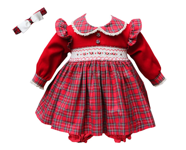 Pretty Originals Red Tartan Smocked Dress, Bloomers & Headband Set - MT02325