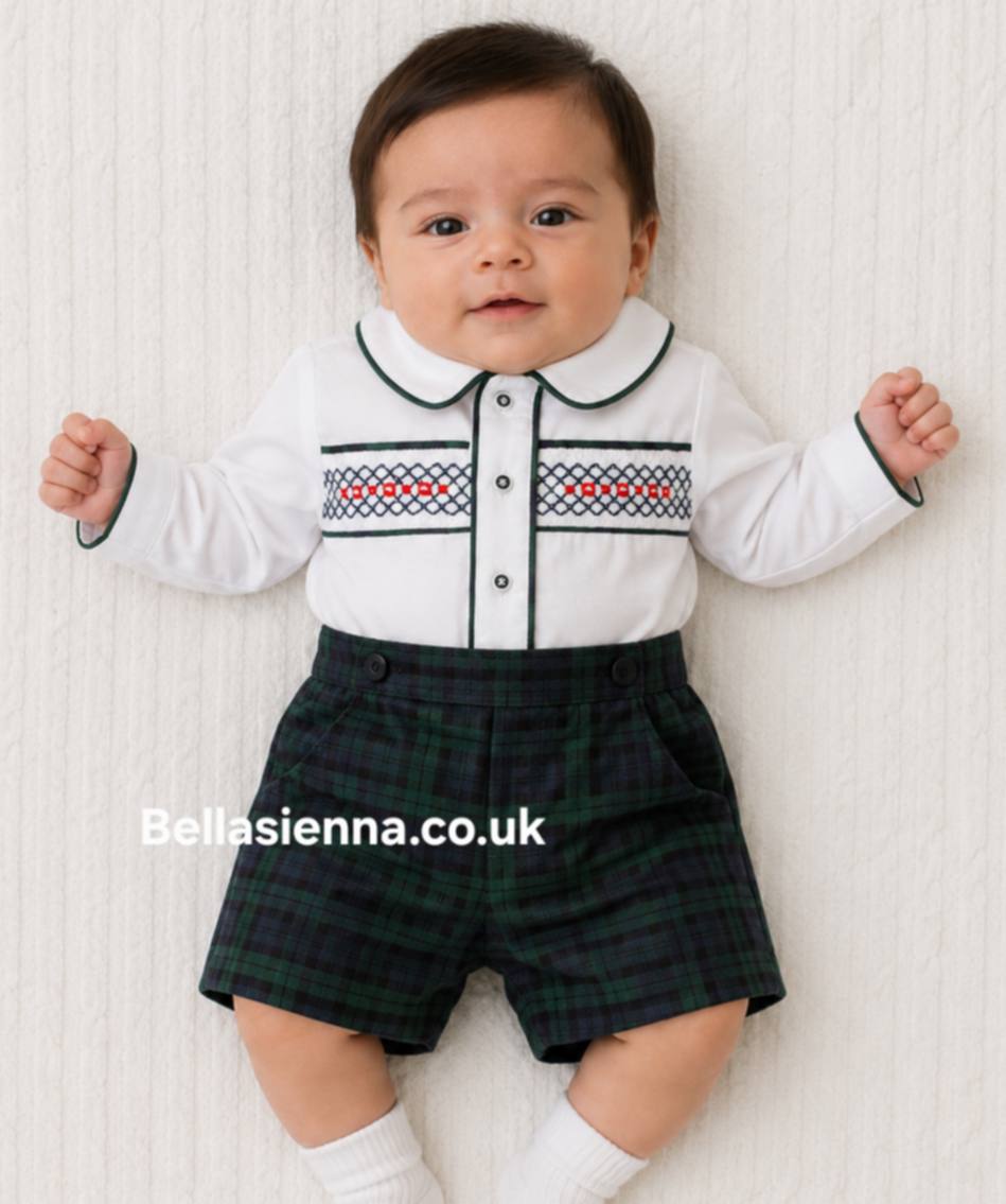 Pretty Originals Boys Bottle Green & Navy Hand Smocked Outfit - MT02331