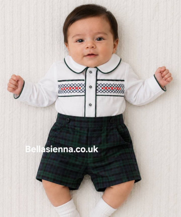 Pretty Originals Boys Bottle Green & Navy Hand Smocked Outfit - MT02331
