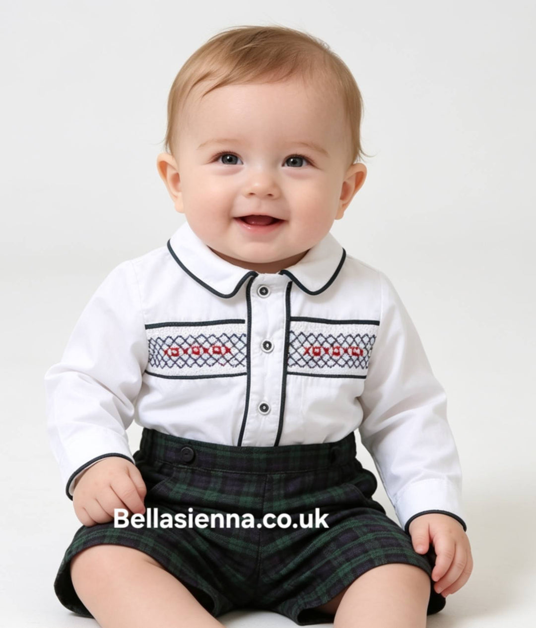 Pretty Originals Boys Bottle Green & Navy Hand Smocked Outfit - MT02331