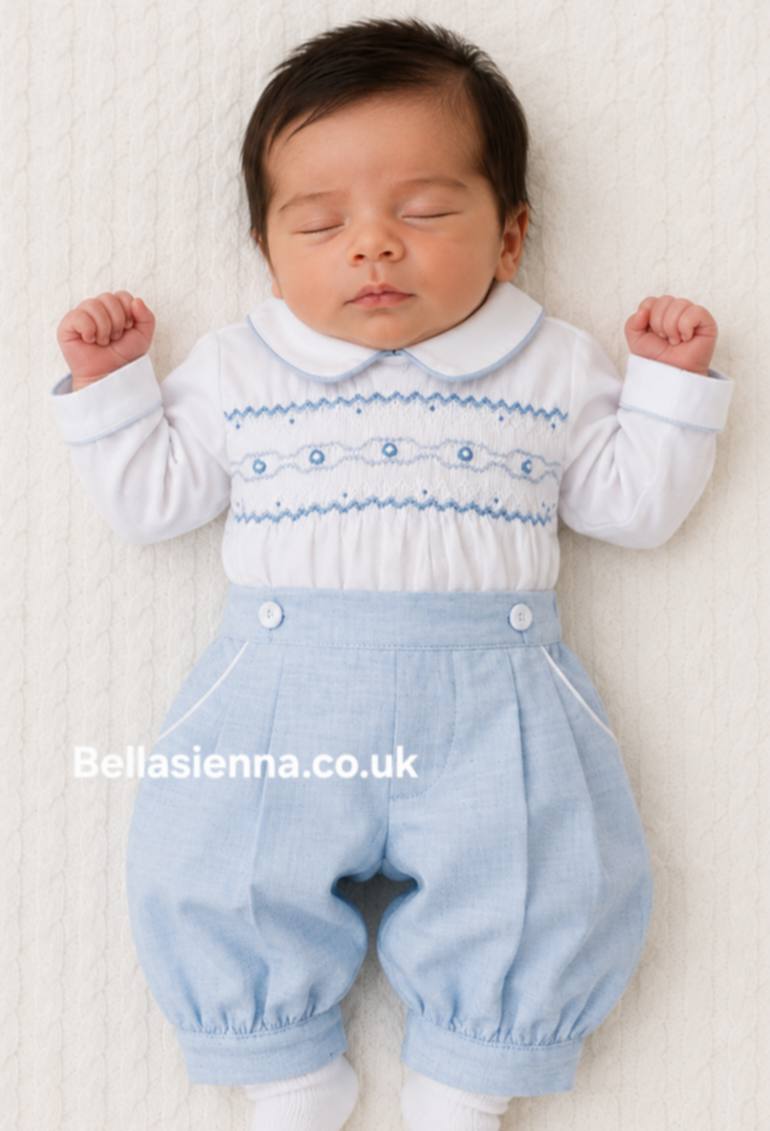 Pretty Originals Boys White & Pale Blue Hand Smocked Outfit - MT02335