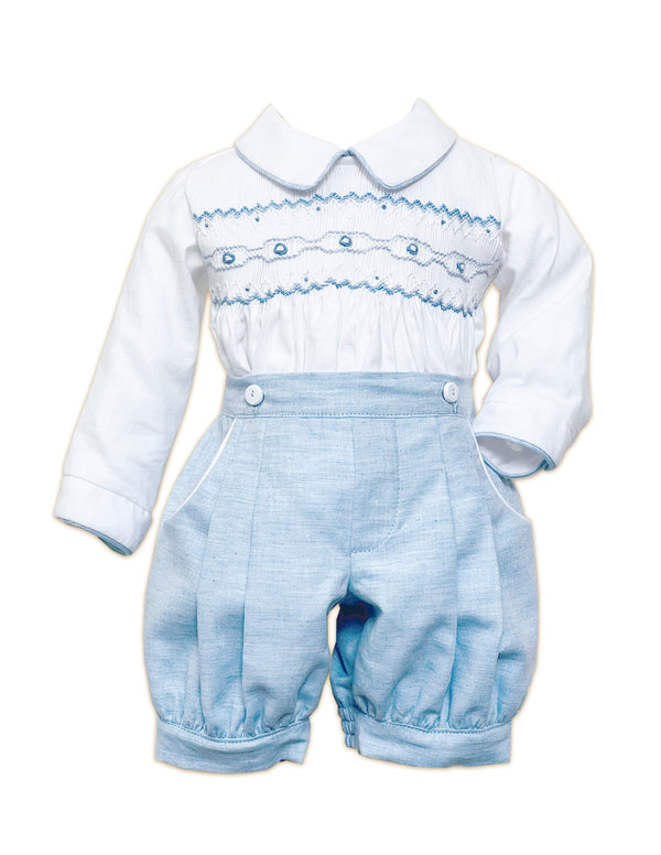Pretty Originals Boys White & Pale Blue Hand Smocked Outfit - MT02335