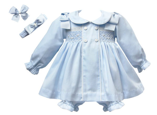 Pretty Originals Pale Blue Smocked Dress, Bloomers & Headband Set - MT02366