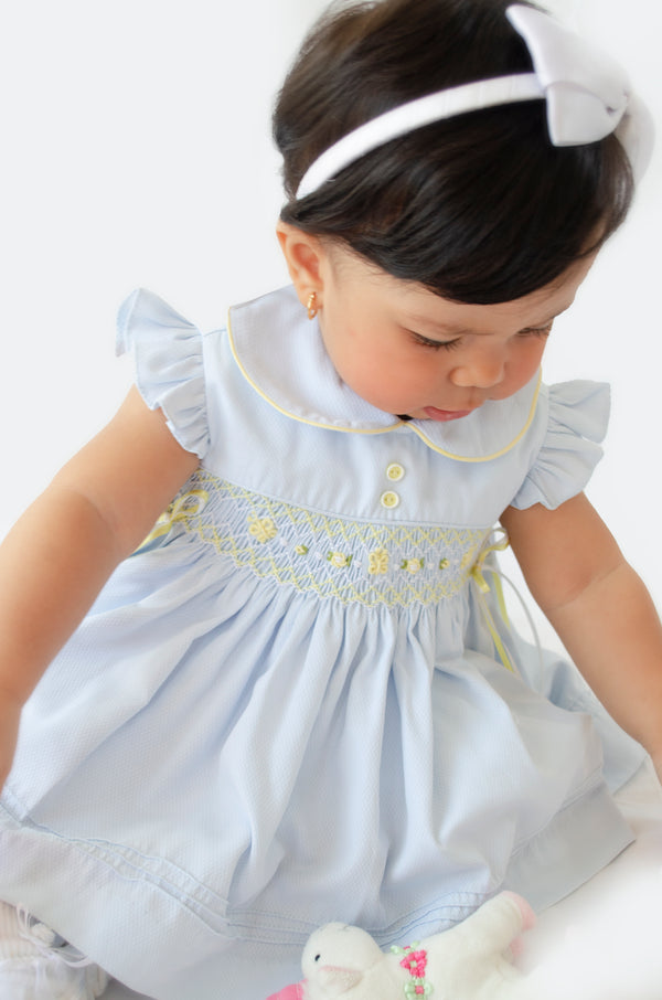 Pretty Originals Baby Blue & Lemon Dress, Bloomers & Matching Headband - MT02375