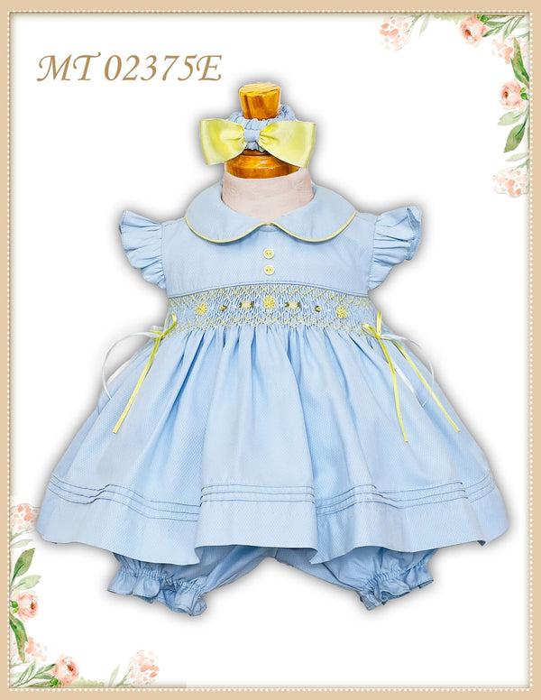 Pretty Originals Baby Blue & Lemon Dress, Bloomers & Matching Headband - MT02375