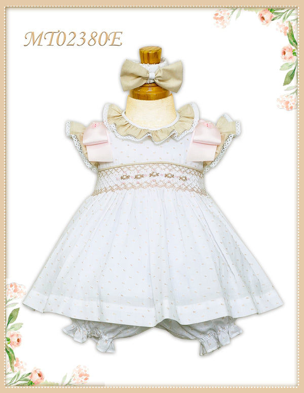 Pretty Originals White, Wheat & Pink Hand Smocked Dress, Bloomers & Headband - MT02380
