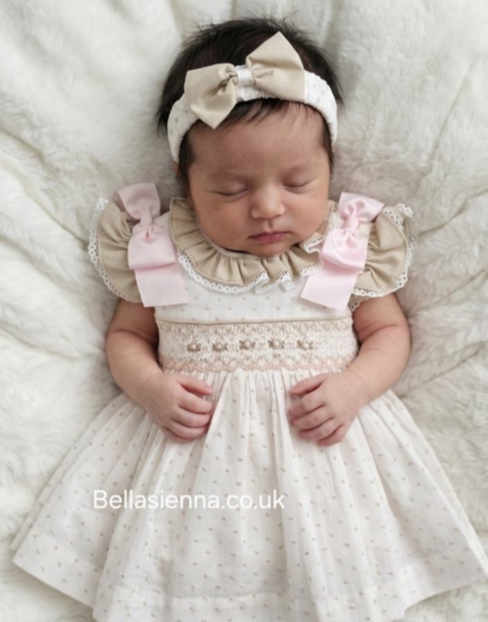 Pretty Originals White, Wheat & Pink Hand Smocked Dress, Bloomers & Headband - MT02380