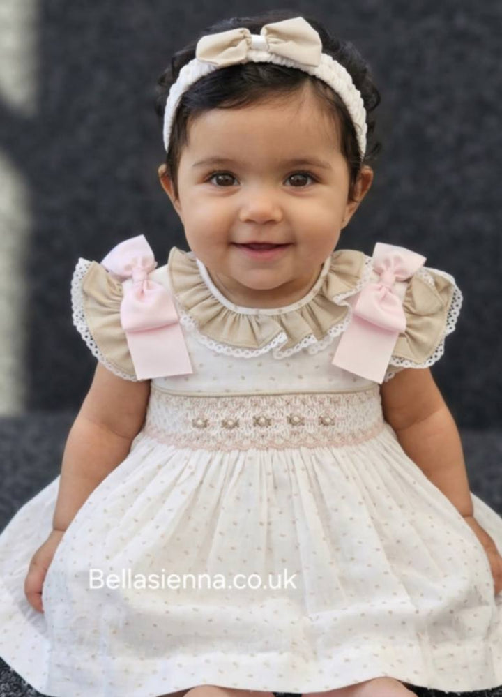 Pretty Originals White, Wheat & Pink Hand Smocked Dress, Bloomers & Headband - MT02380