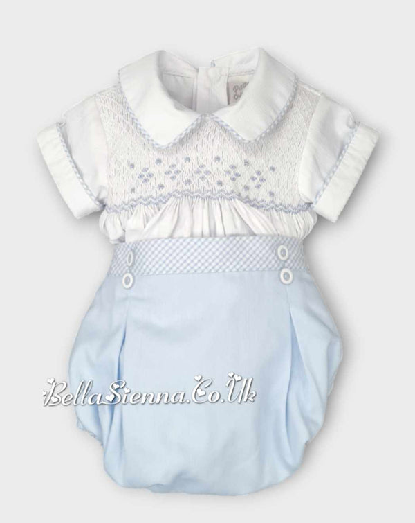 Pretty Originals Baby Boys Blue & White Hand Smocked Outfit - MT02386