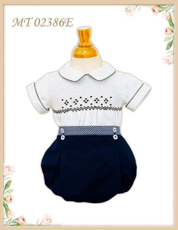 Pretty Originals Baby Boys Navy Blue & White Hand Smocked Outfit - MT02386