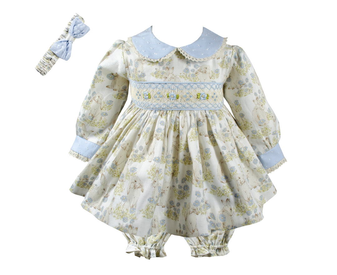Pretty Originals Blue & Cream Bunny Rabbit Print, Hand Smocked Dress, Bloomers & Headband - MT02415