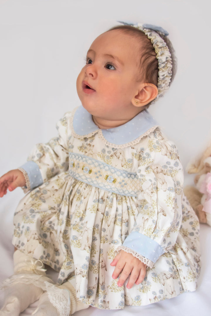 Pretty Originals Blue & Cream Bunny Rabbit Print, Hand Smocked Dress, Bloomers & Headband - MT02415