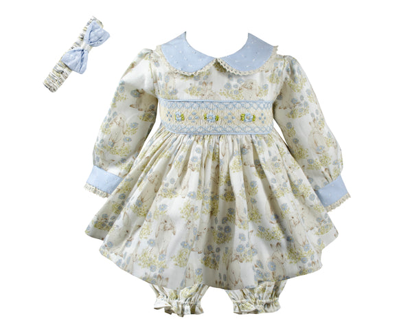 Pretty Originals Blue & Cream Bunny Rabbit Print, Hand Smocked Dress, Bloomers & Headband - MT02415