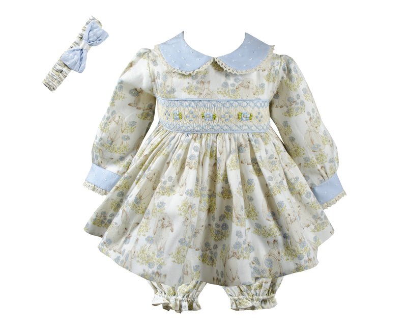Pretty Originals Blue & Cream Bunny Rabbit Print, Hand Smocked Dress, Bloomers & Headband - MT02415