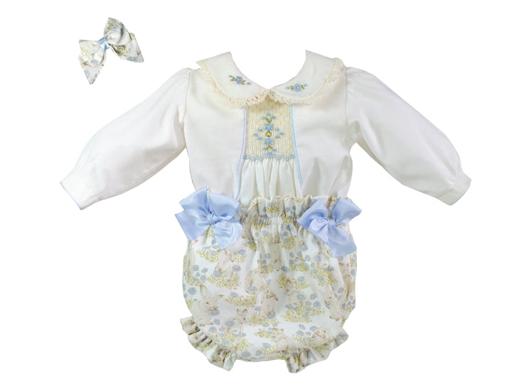 Pretty Originals Blue & Cream Bunny Rabbit Print, Hand Smocked Two Piece Set and Hair Bow - MT02418