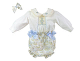 Pretty Originals Blue & Cream Bunny Rabbit Print, Hand Smocked Two Piece Set and Hair Bow - MT02418
