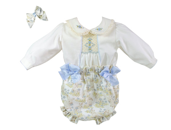 Pretty Originals Blue & Cream Bunny Rabbit Print, Hand Smocked Two Piece Set and Hair Bow - MT02418