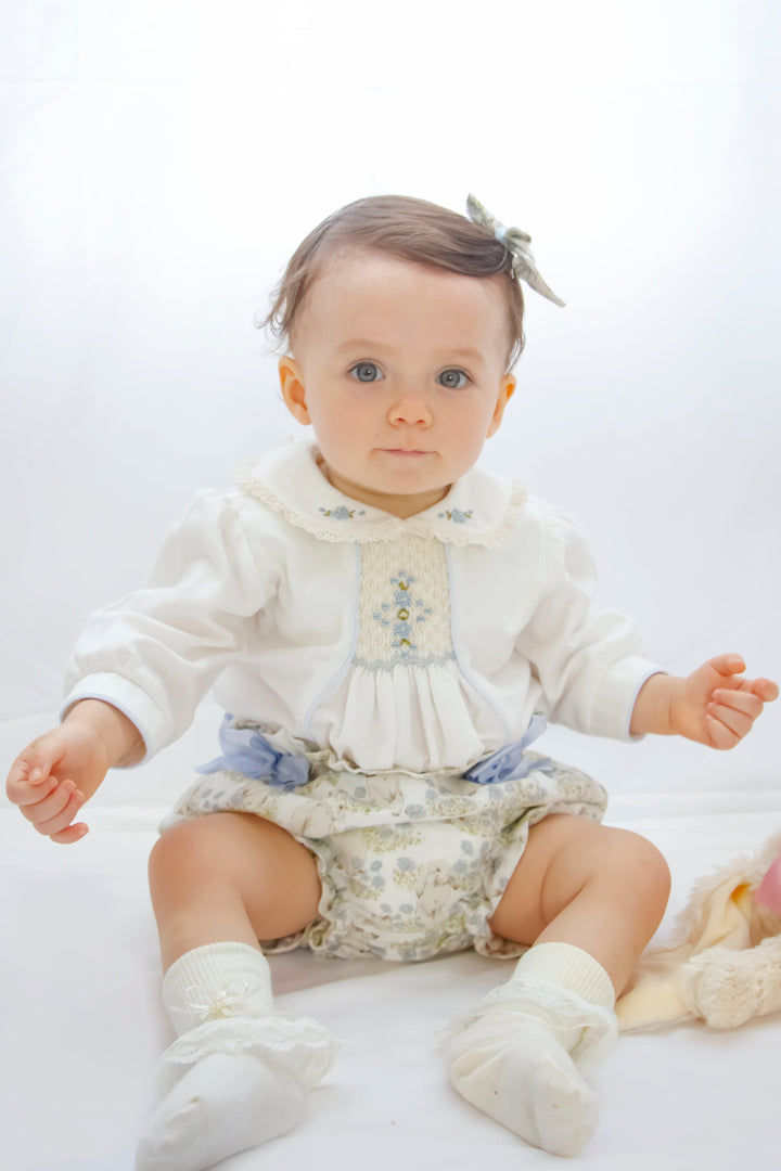 Pretty Originals Blue & Cream Bunny Rabbit Print, Hand Smocked Two Piece Set and Hair Bow - MT02418