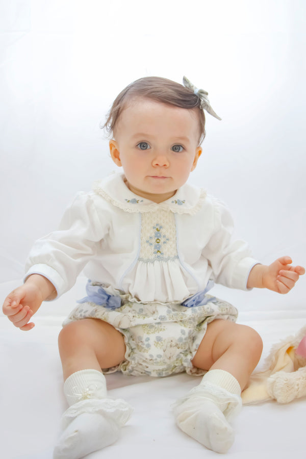 Pretty Originals Blue & Cream Bunny Rabbit Print, Hand Smocked Two Piece Set and Hair Bow - MT02418
