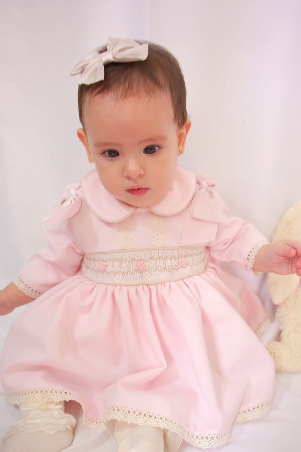 Pretty Originals Girls Pink, Cream & Wheat Hand Smocked, Traditional Style Dress, Bloomers & Hair Clip - MT02438