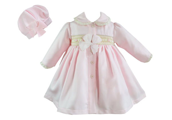 Pretty Originals Girls Pink, Cream & Wheat Hand Smocked, Traditional Style Coat & Hat - MT02441