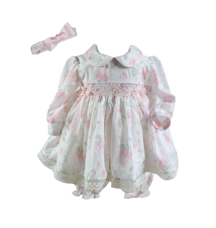 Pretty Originals Girl Pink & Ivory Print Dress, Bloomers & Headband Set - MT02464