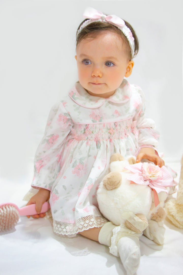 Pretty Originals Girl Pink & Ivory Print Dress, Bloomers & Headband Set - MT02464
