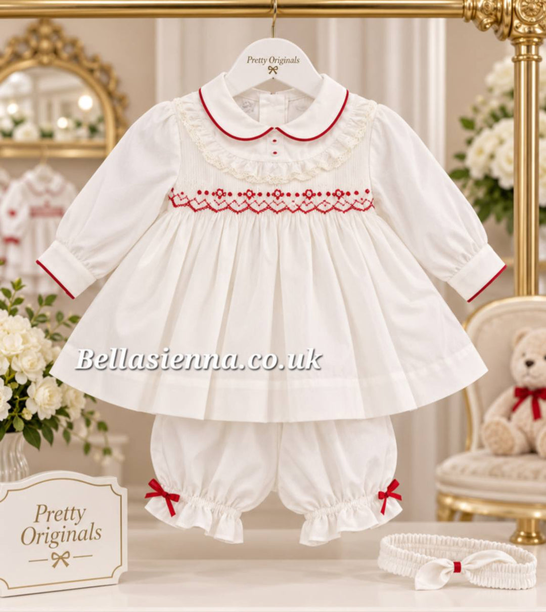 Pretty Originals Girls Ivory & Red Hand Smocked Dress, Bloomers & Headband Set - MT02472
