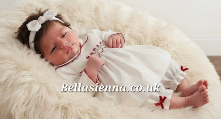 Pretty Originals Girls Ivory & Red Hand Smocked Dress, Bloomers & Headband Set - MT02472