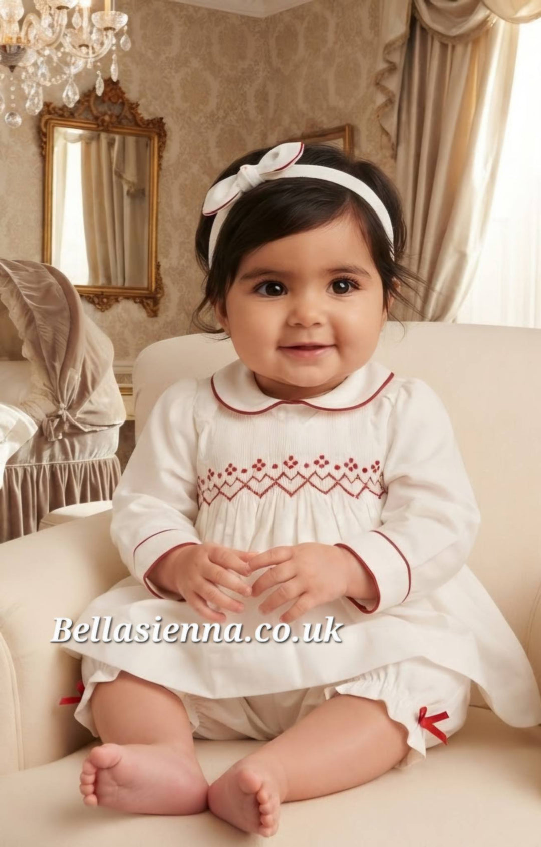 Pretty Originals Girls Ivory & Red Hand Smocked Dress, Bloomers & Headband Set - MT02472