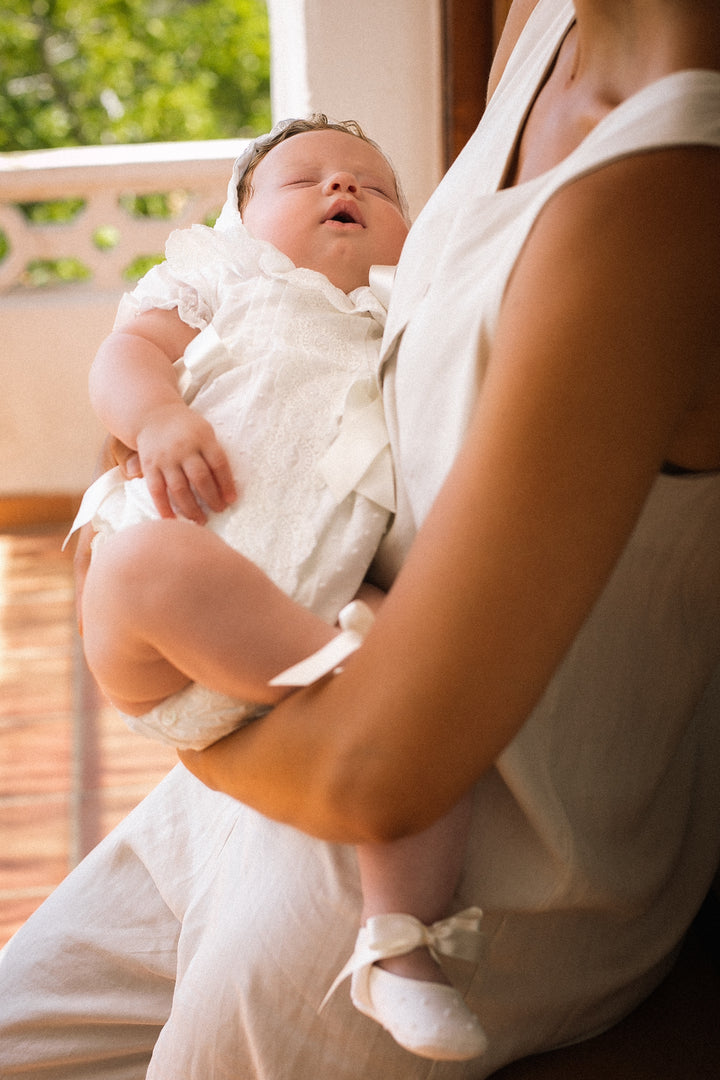 Mac Ilusion Ivory Romper With Lace Detail & Matching Bonnet - 9358
