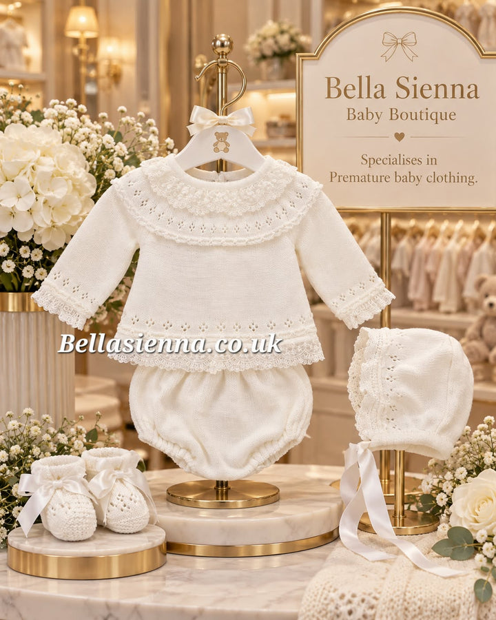 Mac Ilusion 4 Piece Baby Girl Newborn Ivory Fine Knitted  Outfit 7629X