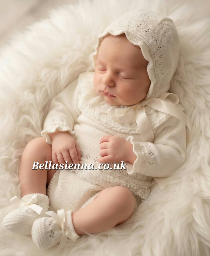 Mac Ilusion 4 Piece Baby Girl Newborn Ivory Fine Knitted  Outfit 7629X